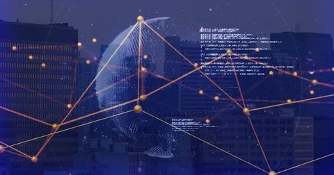 Displaying wireframe globe radiating orange network nodes and code snippets o Stock Photos