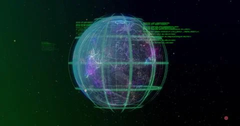 Displaying wireframe globe revealing inner layers and purple-blue nodes in Stock Illustration