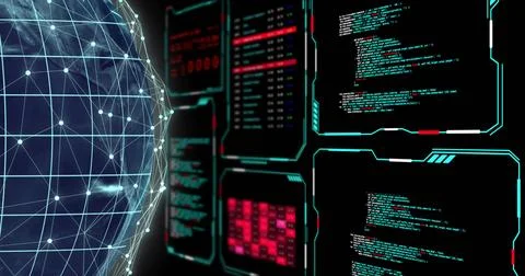 Displaying wireframe globe rotating with glowing nodes in dashboard, with HUD 写真素材