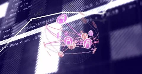 Displaying wireframe globe rotating with pink node avatars dashed links graph 库存插图