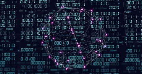 Displaying wireframe globe rotating in tech UI, showing magenta glowing nodes, Stock Photos