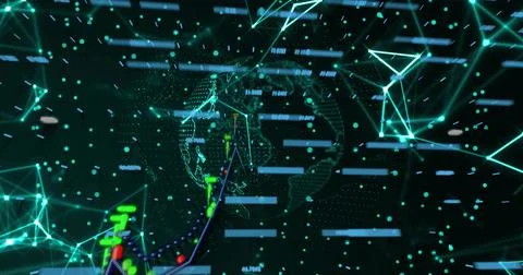 Displaying wireframe globe rotating in virtual dashboard with ascending line Illustrazione stock
