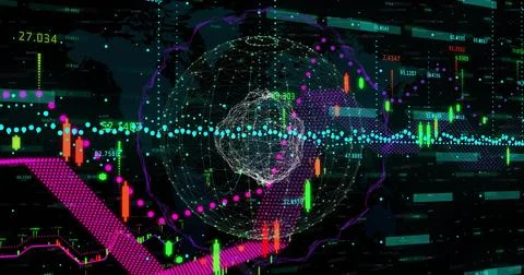Displaying wireframe globe on trading screen with red green candlesticks and Stock Photos