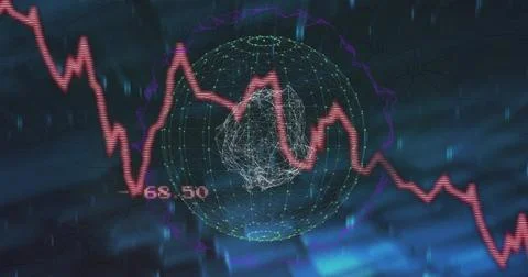 Displaying wireframe globe with white mesh and jagged red market line on Stock Photos