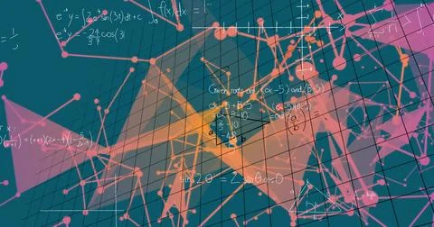 Displaying wireframe grid with neon nodes, connecting lines and math equations Stock Photos