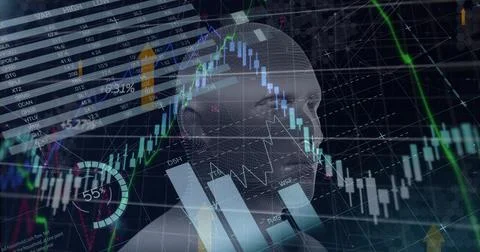 Displaying wireframe head hovering above dashboard, showing candlestick charts Stock Photos