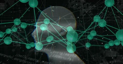 Displaying wireframe head linking green spheres, glowing lines in data network, Stockillustratie