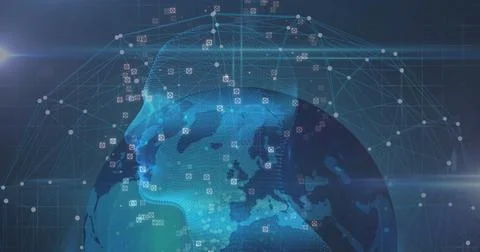Displaying wireframe head profile and digital globe in virtual network, with Illustrazione stock