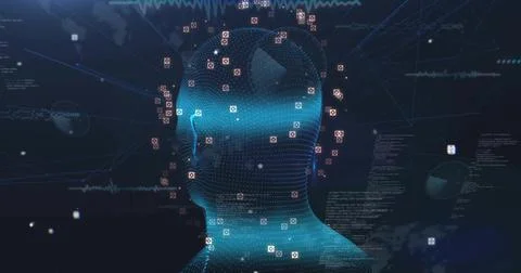 Displaying wireframe head in profile streaming code in network, with nodes, n 스톡 일러스트