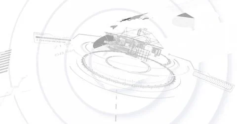 Displaying wireframe home model on digital display, showing gear-like rings and Stock Illustration