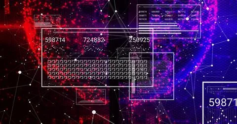 Displaying wireframe keyboard panel dominating cyberspace center with HUD panels Stockillustratie