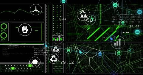 Displaying wireframe map panels on dark UI, showing node markers, gift-box Foto stock