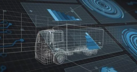 Displaying wireframe medium box truck floating on virtual grid, with blue bar Stock Photos