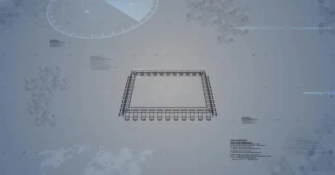 Displaying wireframe microchip frame in interface with pins, hexagon clusters Illustrazione stock