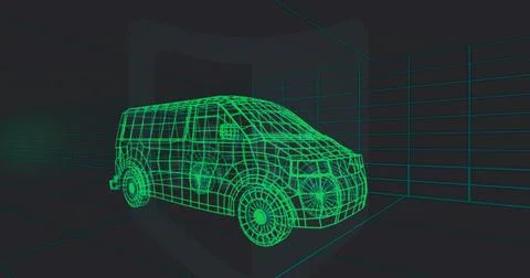 Displaying wireframe mid-sized van model occupying center in digital 3D Stock Illustration