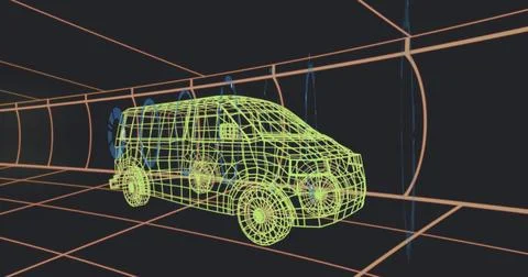 Displaying wireframe minivan model moving through wind tunnel grid, showcasing Stock Photos