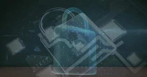 Displaying wireframe padlock icon securing network data at digital interface, Stock Photos