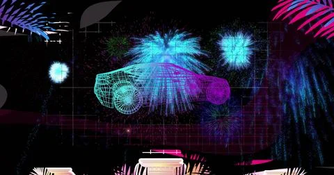 Displaying wireframe passenger car rotating on neon stage, with magenta grid and Stockillustratie