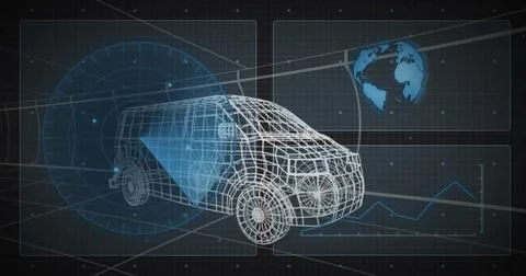 Displaying wireframe passenger van projecting triangular blue sensor cone on Stock Photos