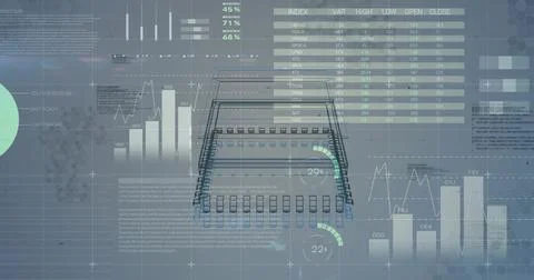 Displaying wireframe schematic in center of virtual dashboard, with bar charts, Stockfoto's