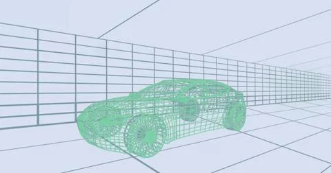Displaying wireframe sedan in 3D modeling space on grid floor, with grid walls Stockillustratie