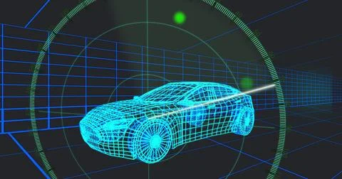 Displaying wireframe sedan car model scanning in 3D grid tunnel, with radar HUD Stockfoto's