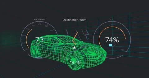 Displaying wireframe sedan cruising on virtual grid with gauges, navigation Foto stock
