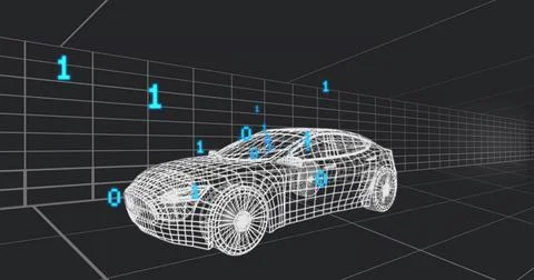 Displaying wireframe sedan with mesh wheels in digital grid tunnel, floating Stock Illustration