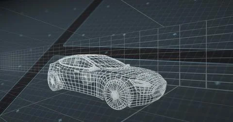 Displaying wireframe sedan model in digital modeling studio, with grid lines on Stock Illustration