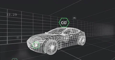 Displaying wireframe sedan model rotating in virtual grid tunnel, with green 스톡 일러스트