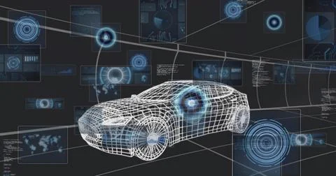 Displaying wireframe sedan model in virtual simulation space, with holographic Stock Illustration