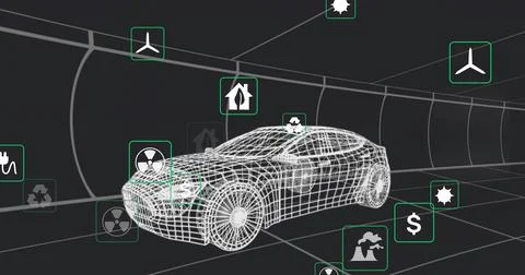 Displaying wireframe sedan model within grid-lined tunnel, with floating green Stock-Illustration