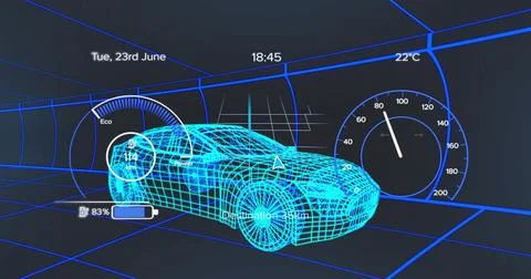 Displaying wireframe sedan model within virtual tunnel, with eco gauge and Stock Illustration