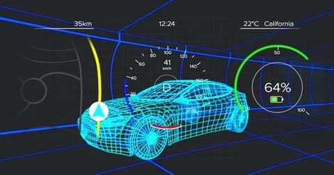 Displaying wireframe sedan moving in virtual tunnel with speedometer and Stock Illustration