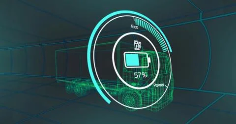 Displaying wireframe semi-truck chassis moving through tunnel passage, showing Stock Illustration
