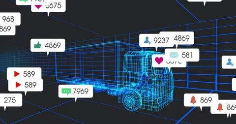 Displaying wireframe semi-truck model and highlighting floating icon callouts Stockillustratie