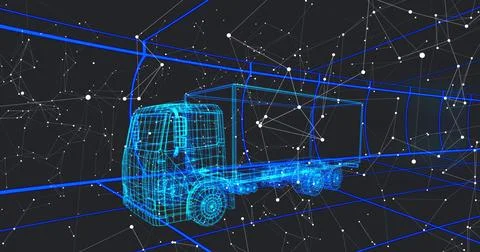 Displaying wireframe semi-truck model floating digital design space, with Stock Illustration