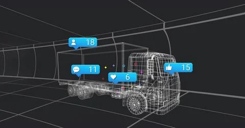 Displaying wireframe semi-truck rotating inside virtual tunnel, with blue Illustrazione stock