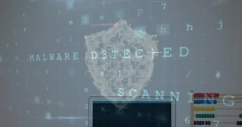 Displaying wireframe shield icon scanning on screen with MALWARE DETECTED and Stock Photos