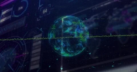 Displaying wireframe sphere on dark interface, with triangular particles and Stock Illustration