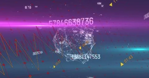 Displaying wireframe sphere floating in 3D space, with numeric overlays, yellow Fotos de archivo