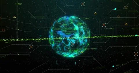 Displaying wireframe sphere with green and blue triangles on interface with Illustrazione stock
