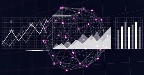 Displaying wireframe sphere pulsing with pink nodes on dark UI, area overlay Stock Photos