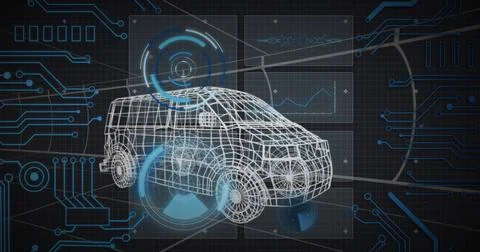 Displaying wireframe SUV model hovering over dark grid in engineering interface, 스톡 일러스트