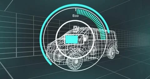 Displaying wireframe SUV model rotating in 3D grid environment, with eco power Stock Illustration