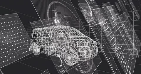 Displaying wireframe SUV model rotating in virtual CAD workspace, with Stock Illustration