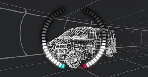 Displaying wireframe SUV model traveling through grid-lined tunnel, with 6 MPH Illustrazione stock