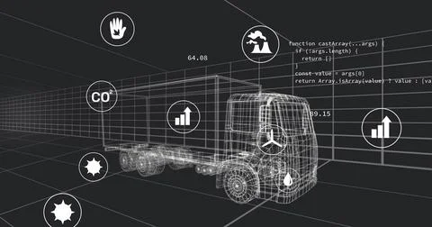 Displaying wireframe tractor-trailer model in virtual warehouse, showing CO2  Stock Illustration