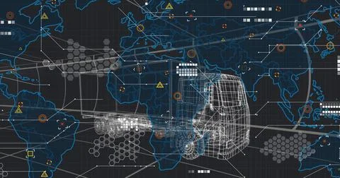 Displaying wireframe tractor-trailer moving over global dashboard map, showing Stock Photos