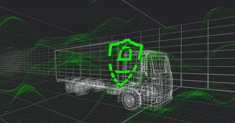 Displaying wireframe tractor-trailer truck rotating in 3D grid space, showing Stock Illustration